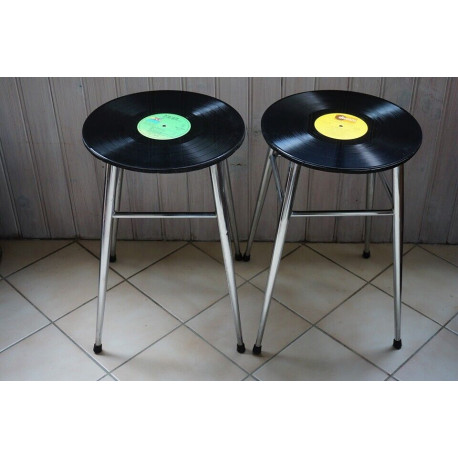 Tabouret vintage assise vinyle-33 tours laqué