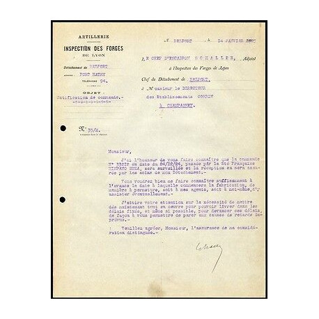 Facture Inspection des Forges de Lyon Artillerie détachement de...