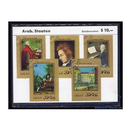 Lot 5 stamps STATE OF OMAN OF Wolfgang a Mozart thème Musique...