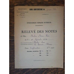 Enseignement Primaire Supérier Relevé des Notes 1948 1949