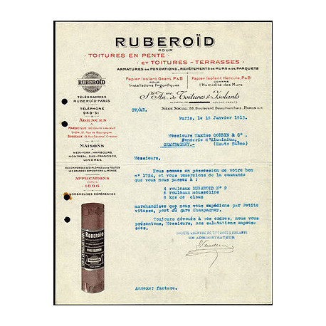 Ancienne Facture ruberoïd isolant pour toitures et terrases