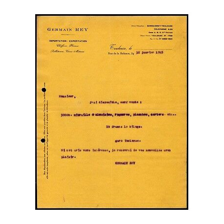 Facture 1925 Germain REY à Toulouse importation exportation...